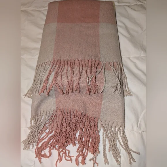 🩷Blush & Cream Plaid Shawl, Poncho, Extra-Wide Scarf, Wrap, Blanket - Picture 8 of 8